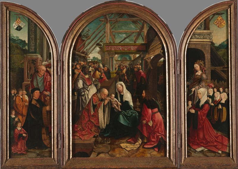 Tríptico com a Adoração dos Magos, óleo sobre painel de Jacob Cornelisz van Oostsanen