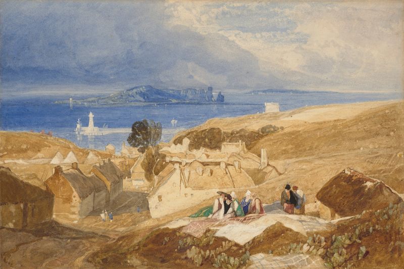 Acuarela de John Sell Cotman que representa colinas, mar y luz.