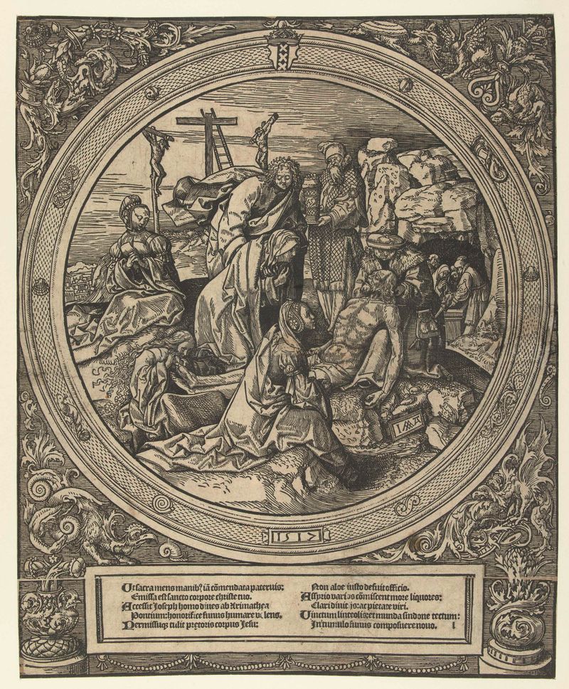Obra en papel del Renacimiento del Norte de Jacob Cornelisz van Oostsanen, que muestra el cuerpo de Cristo rodeado de doli...