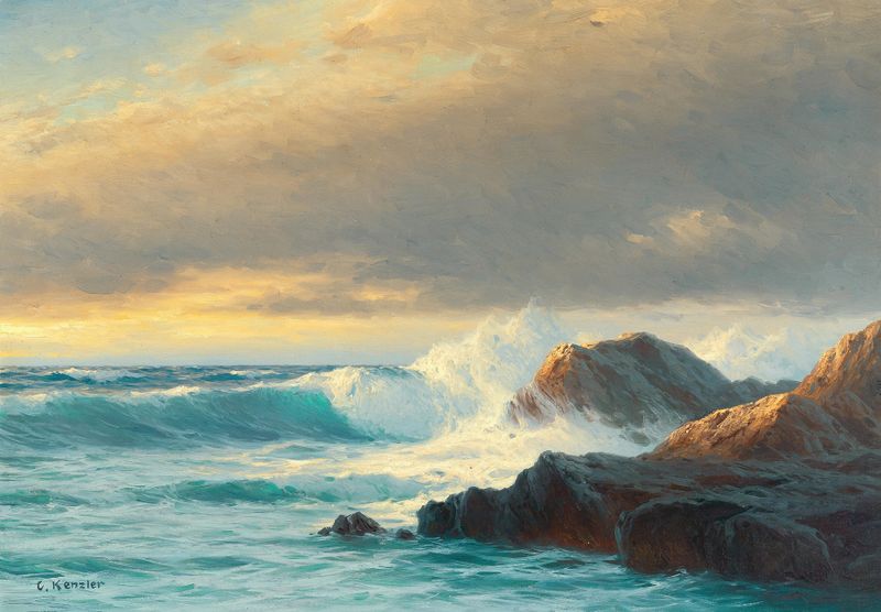 Marine scene of waves at sunset by Carl Kenzler, oil painting