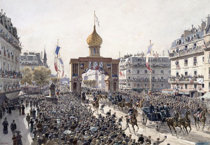 Pintura histórica a óleo de Fédor Hoffbauer representando uma animada procissão em Paris.