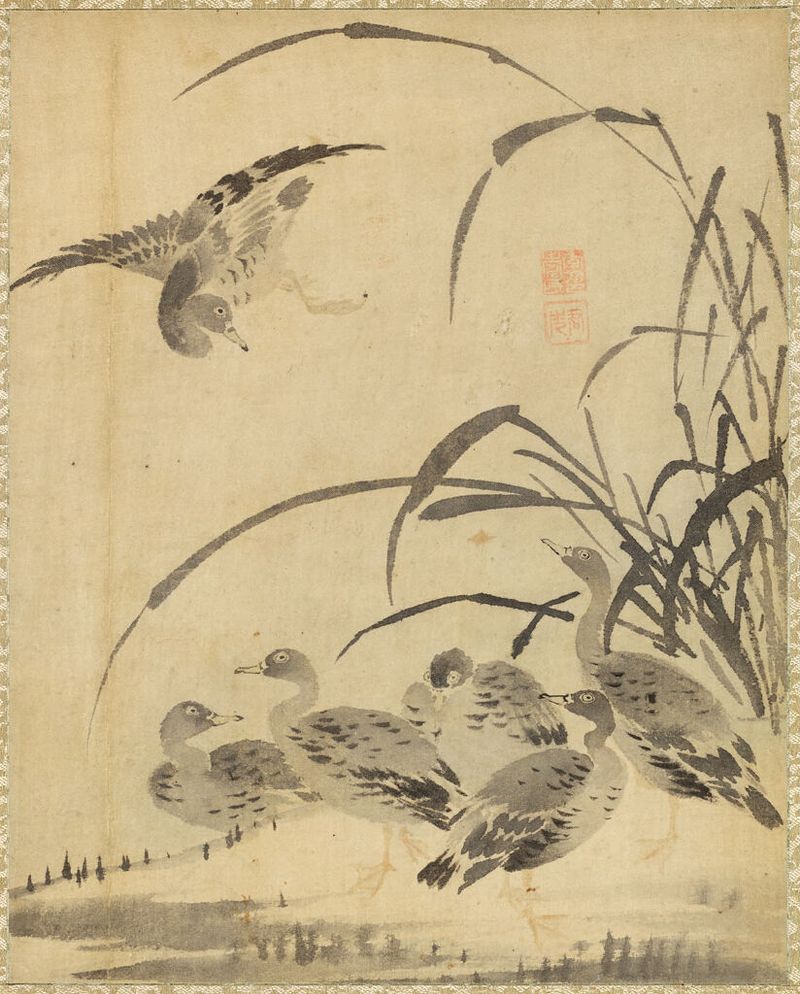 Geese Amidst Reeds de Yi Su-min, tinta sobre papel, mostrando gansos deslizando na água cercados por juncos.