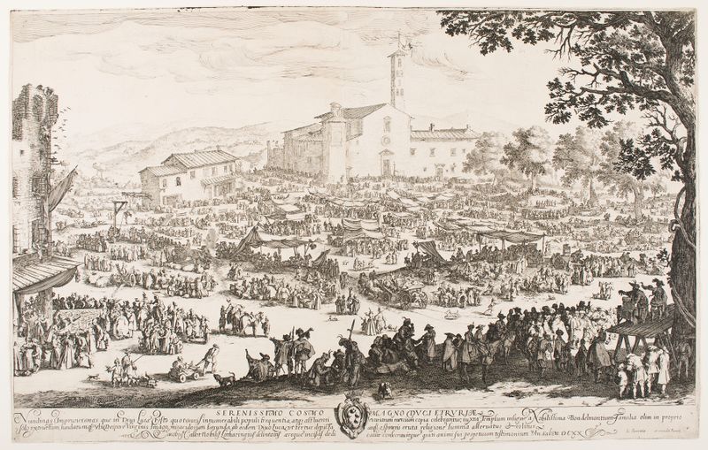 La Feria en L’Impruneta, grabado de Jacques Callot, que representa una multitud animada en la feria.
