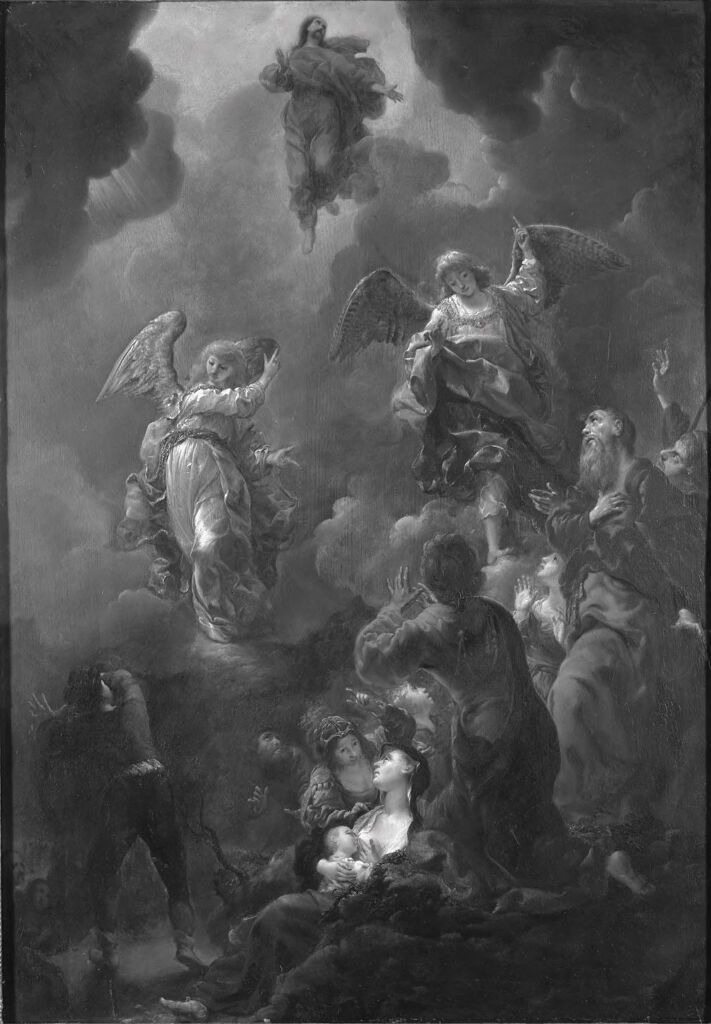 La Ascensión de Cristo, óleo sobre panel de Cornelis Schut I, representando figuras divinas y luz celestial