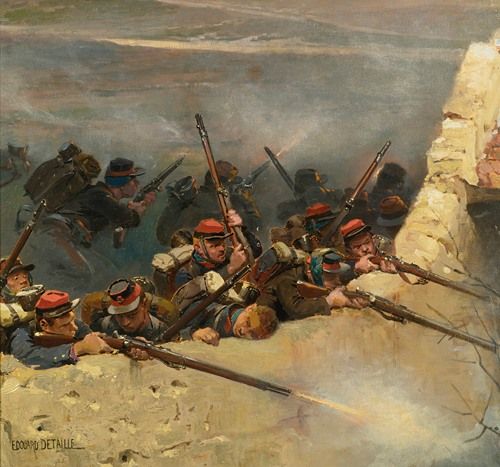 A group of soldiers taking cover behind a wall during a battle.