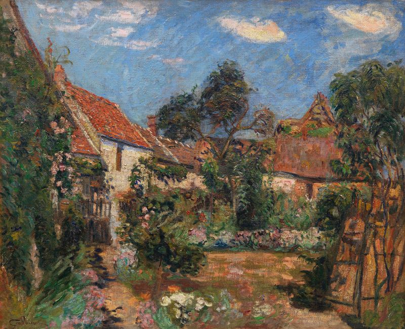 Jardin à Janville-sur-Juine de Armand Guillaumin, óleo impresionista de una escena de jardín tranquila.