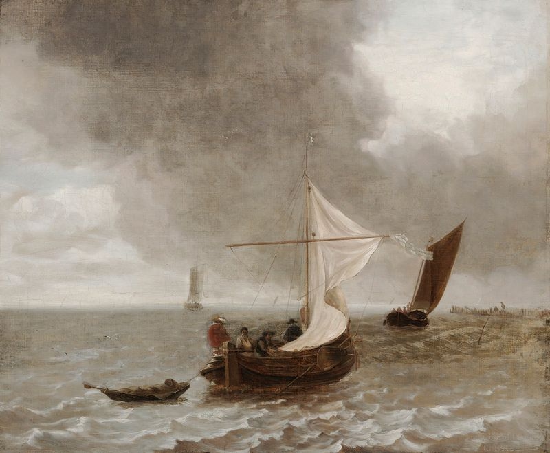 Sailboats In A Breeze de escola de Jan van de Capelle, pintura a óleo que retrata veleiros na água.