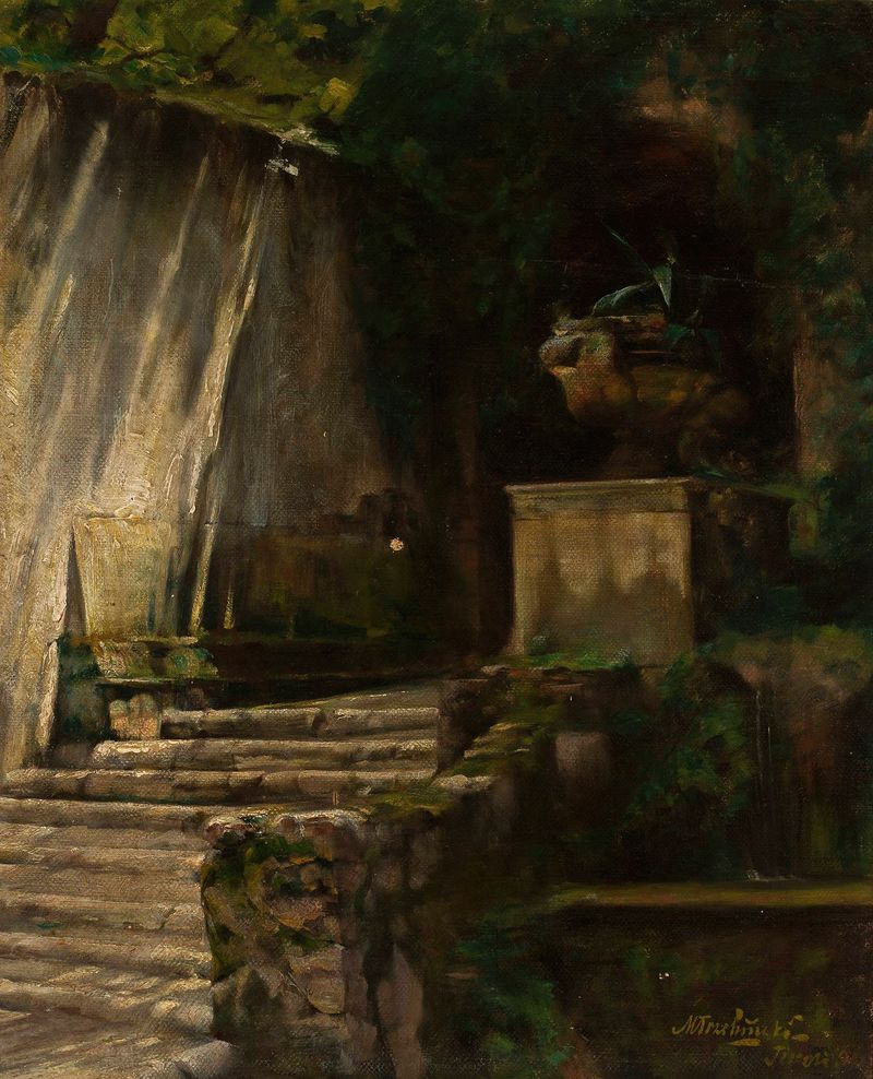 Fragment of the park in Tivoli, oil painting by Marian Trzebiński, depicting lush foliage and dappled sunlight.