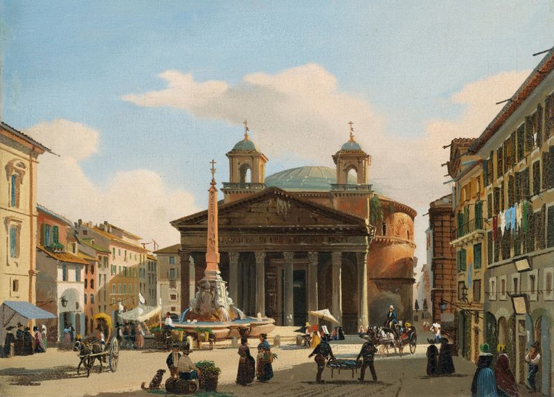 Vue du Panthéon à Rome by Giuseppe Canella, oil on canvas depicting the Pantheon dome in warm light.