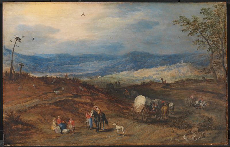 Paisaje con un camino que lleva a un lugar de ejecución de Joos de Momper, pintura al óleo
