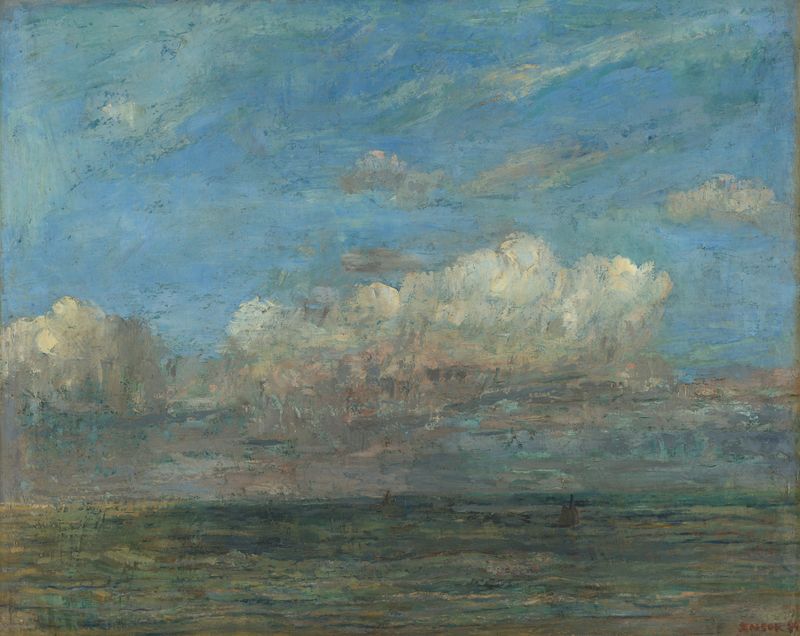 The White Cloud, pintura a óleo de James Ensor, retratando uma nuvem etérea contra azuis profundos e tons terrosos.