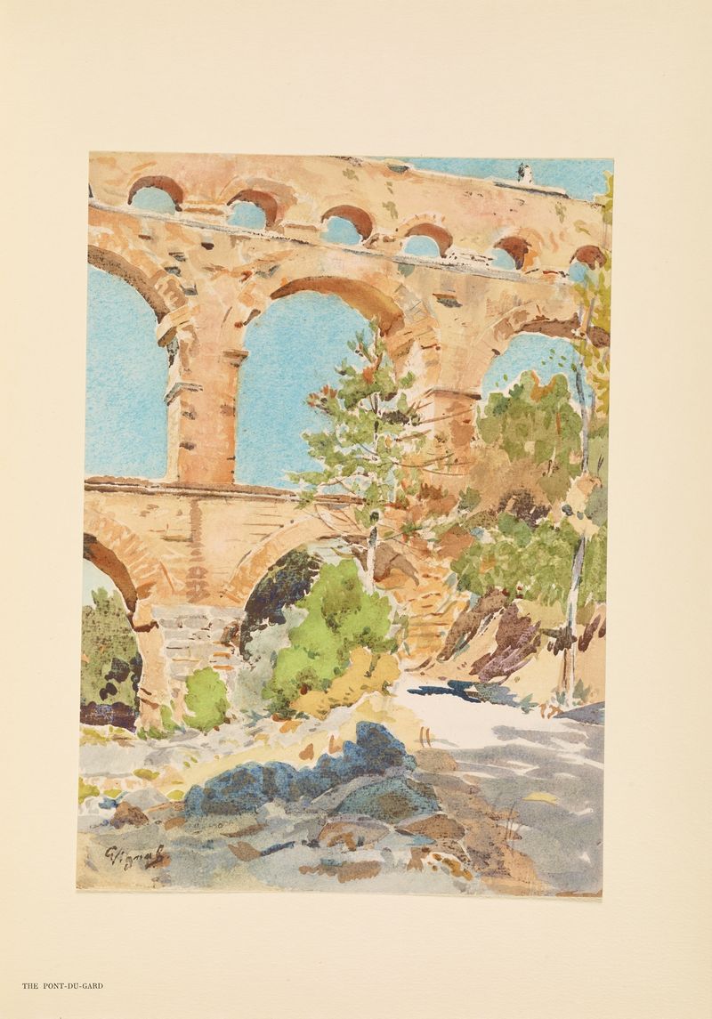 The Pont du Gard by Pierre Vignal, modernism, depicting an ancient aqueduct with arches.