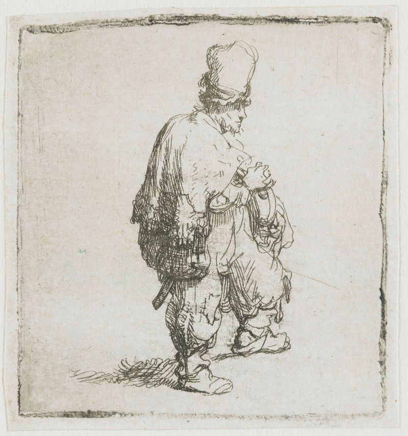 Gravura de Rembrandt van Rijn representando músicos e vida nas ruas.