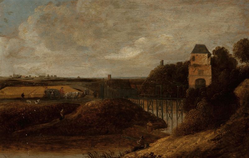 Paisaje con un castillo de Jacob Knijff, representando un castillo en colinas bajo un cielo azul, pintura al óleo