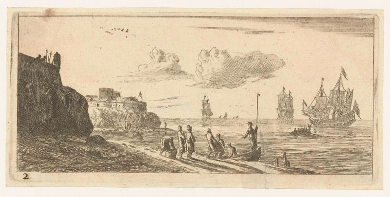 Zeegezicht met een vesting de Reinier Nooms, gravura que retrata uma fortaleza à beira-mar