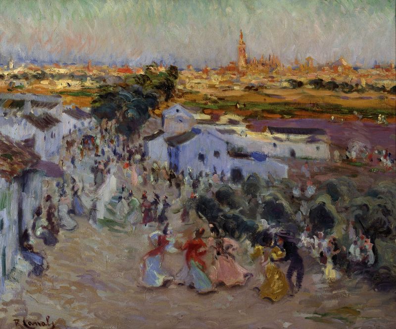 Rural Feast in Spain de Ricardo Canals i Llambí, que representa una reunión animada en un paisaje iluminado por el sol.