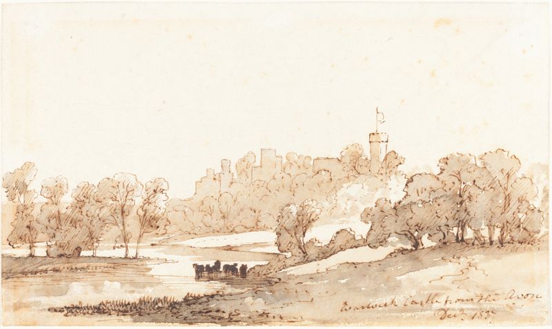 Warwick Castle from the Avon, oil painting by John Baverstock Knight, depicting a tranquil landscape with a river and castle.