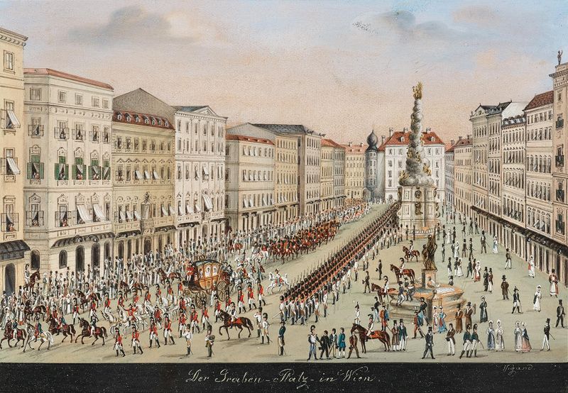 Historical scene with plague column and imperial coach by Balthasar Wigand, oil on canvas