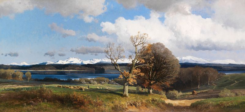 Blick auf den Simssee im Frühling by Josef Wenglein, oil painting depicting a tranquil lake in spring.