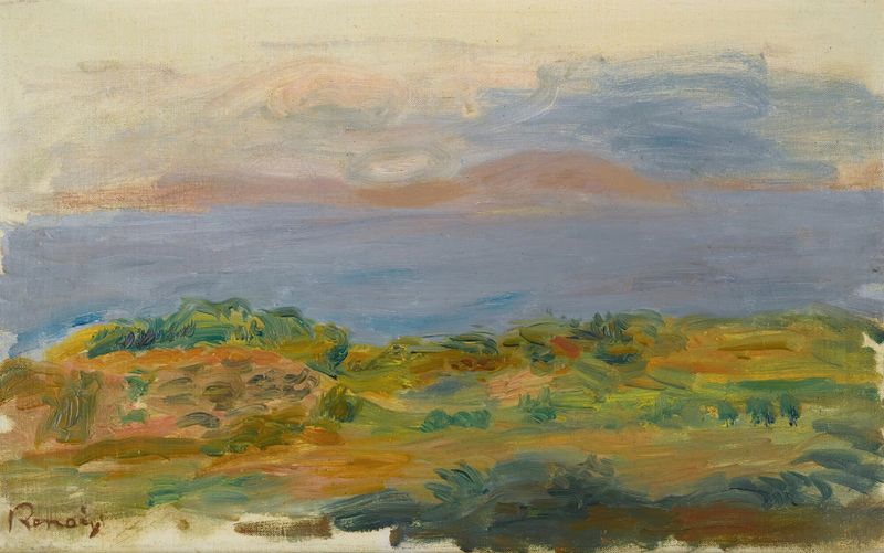 Falaise Verte Et Mer, óleo sobre tela de Pierre-Auguste Renoir, retratando um penhasco verde e o mar.