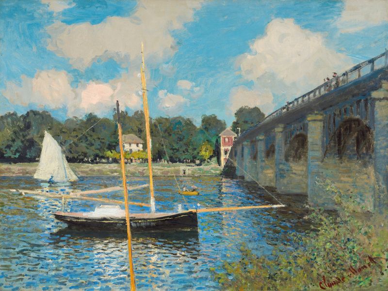 El Puente en Argenteuil, pintura al óleo de Claude Monet que muestra un puente sobre el Sena con árboles y agua.