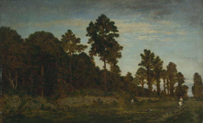 Cavalier à la lisière d’un bois de Théodore Rousseau, pintura a óleo com um cavaleiro perto de uma floresta.