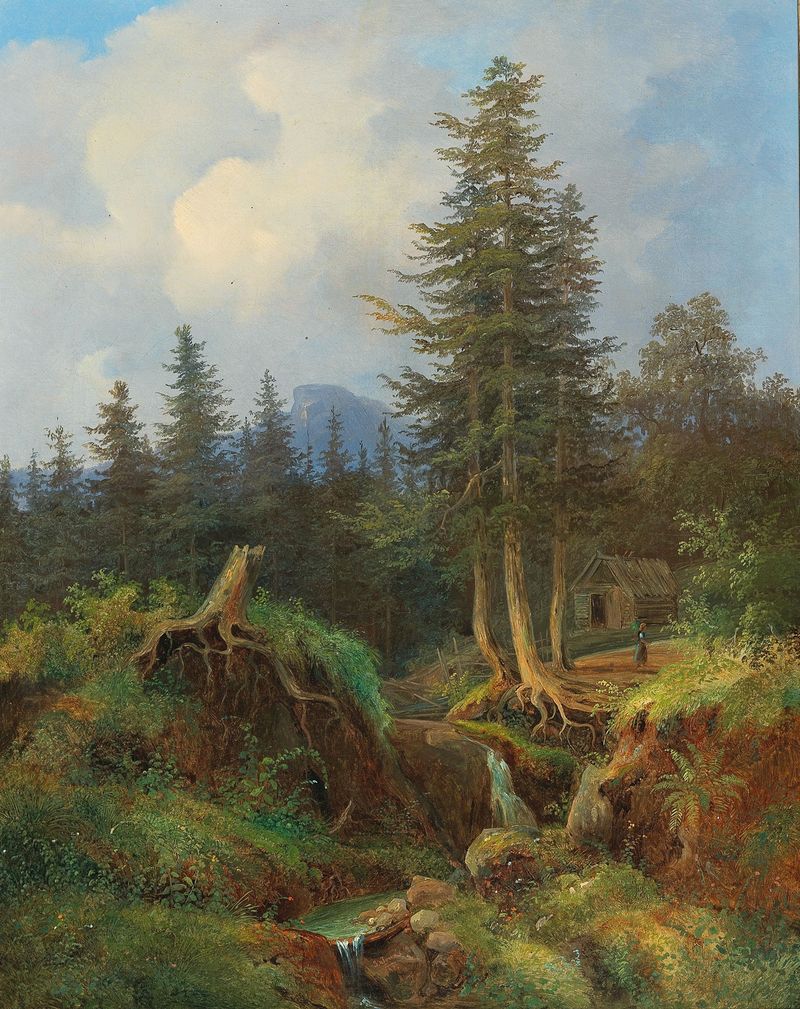 Landscape with Woodland Stream and Decorative Figures by Joseph Jonas, oil painting depicting a serene forest scene
