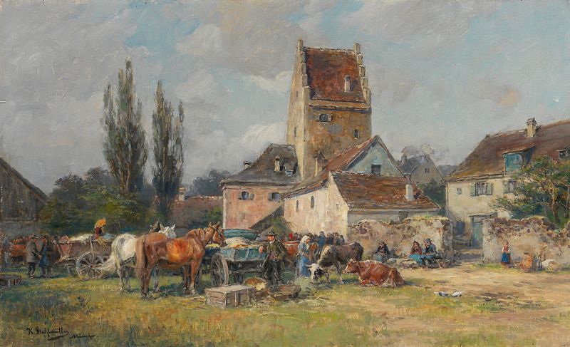 Sommerlicher Markttag by Karl Stuhlmüller, oil on canvas depicting a vibrant market with flowers and fruits.