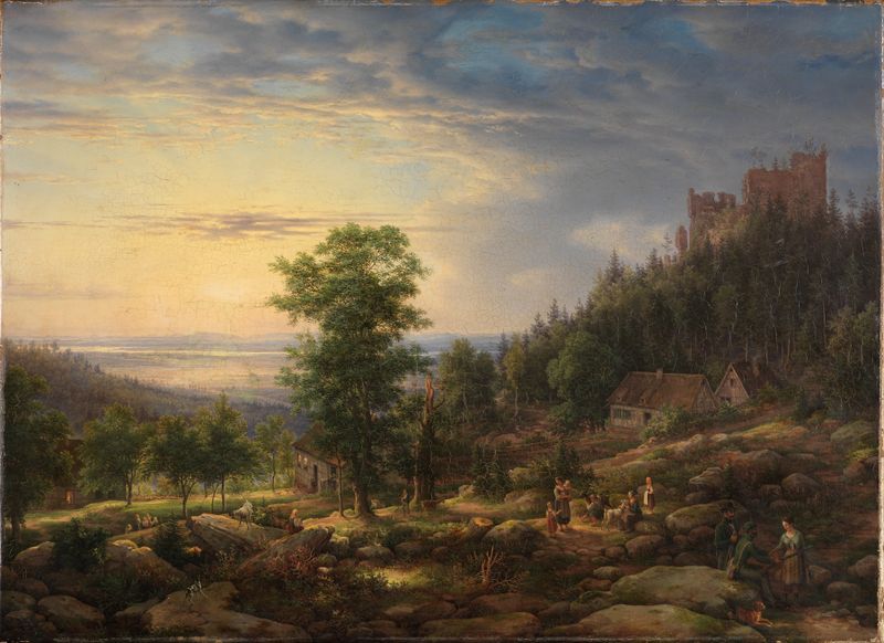 Paisagem de Burg Eberstein bei Baden-Baden de Friedrich Helmsdorf, pintura a óleo