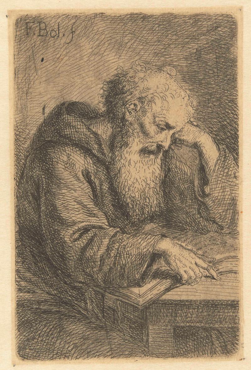 Lezende monnik, grabado de Unknown Artist, que representa a un monje leyendo un libro en luz suave.