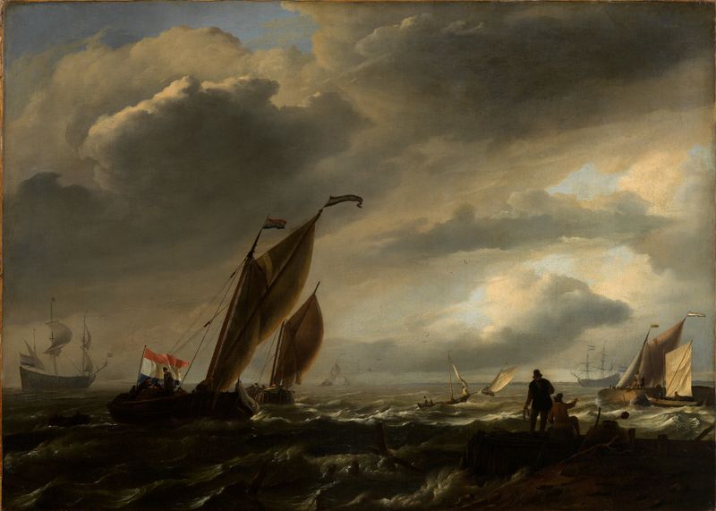 Escena marina con barcos navegando en el agua de Ludolf Backhuysen, pintura al óleo