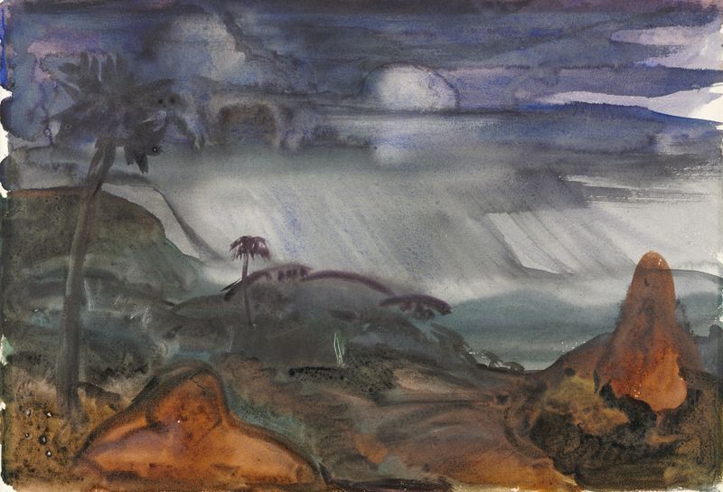 Rain de Paul B. Travis, óleo sobre lienzo que representa un paisaje tormentoso con tonos grises.