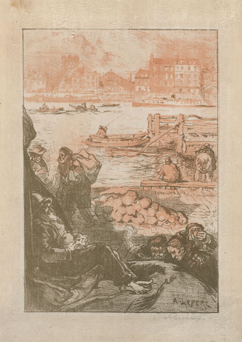 Peasants by a Dock, Paris de Auguste Louis Lepère, pintura a óleo que retrata figuras à beira da água.