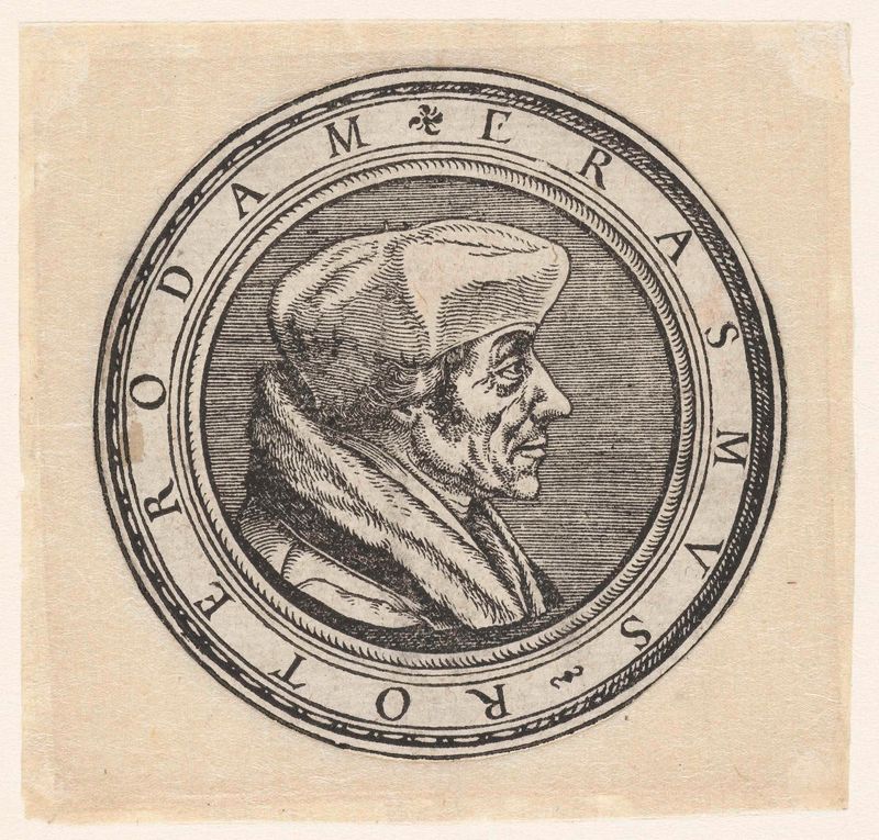 Portrait of Erasmus by Hans Holbein, paper medium, featuring a figure in a dark robe with a white collar.