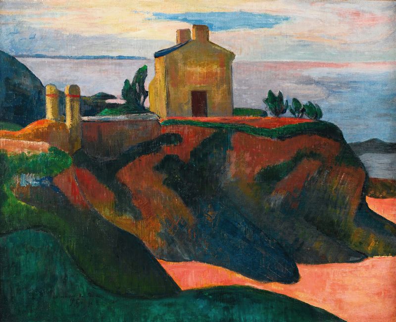 La Maison Du Pan-Du de Paul Gauguin, óleo sobre tela que retrata uma casa na natureza