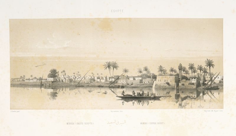 Landscape of Miniéh (Haute Egypte) by Prosper Barbot, oil on canvas depicting a sunlit desert scene.