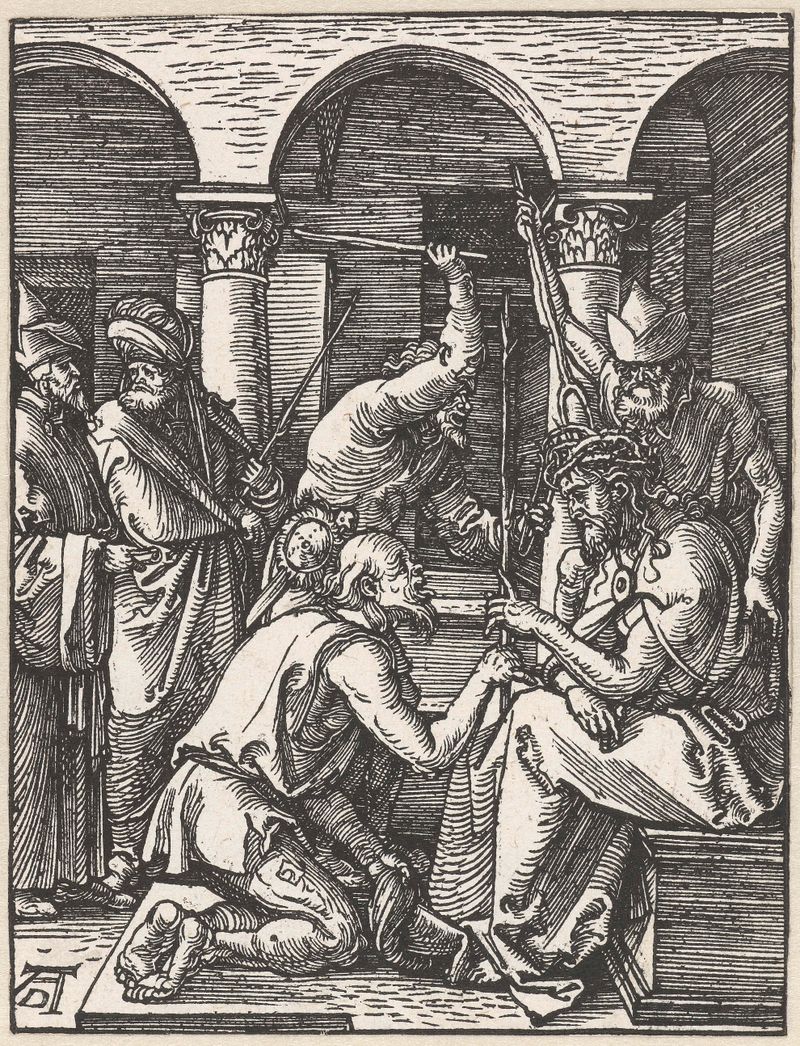 Obra religiosa en papel de Albrecht Dürer con una figura central adornada con una corona.