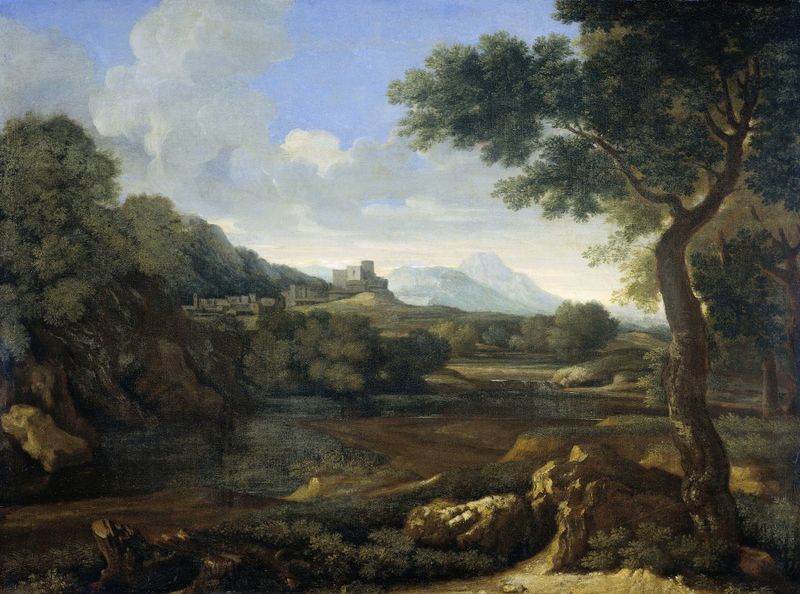 Landscape by Gaspard Dughet, oil on canvas depicting lush greenery and rolling hills.