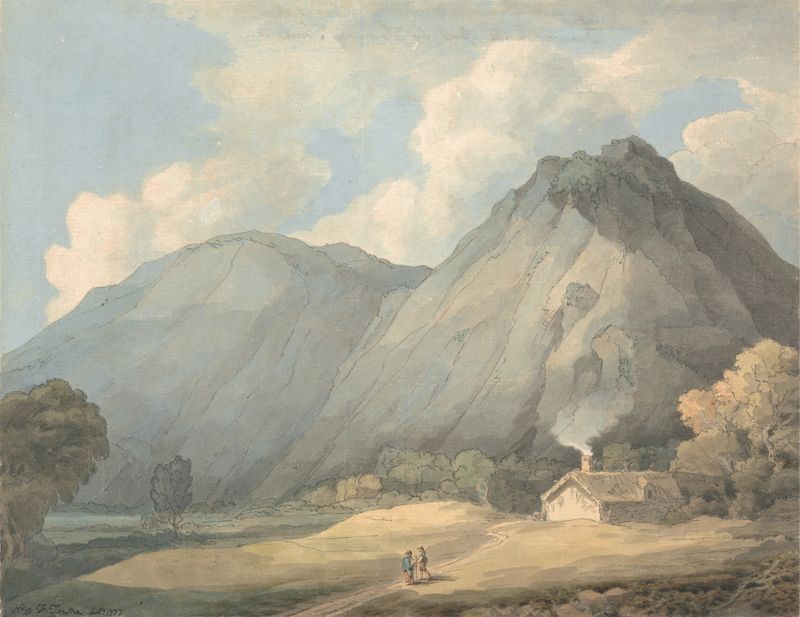 Landscape of Craig yr Aderyn by Francis Towne, depicting swirling clouds and mountains, oil painting.