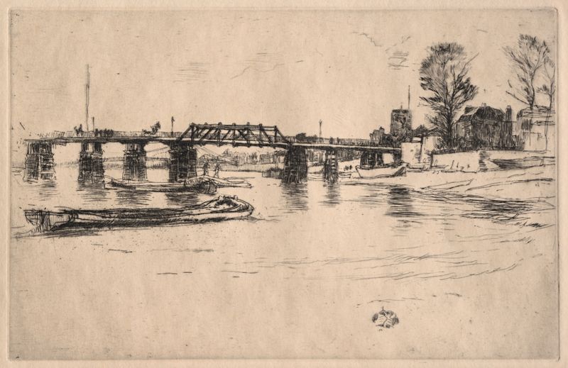 Fulham de James Abbott McNeill Whistler, óleo sobre tela que retrata uma paisagem de rio tranquila.