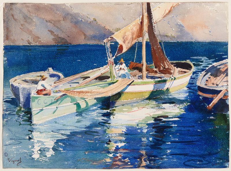 Barcos de pesca no mar Mediterrâneo, pintura a óleo de Pierre Vignal