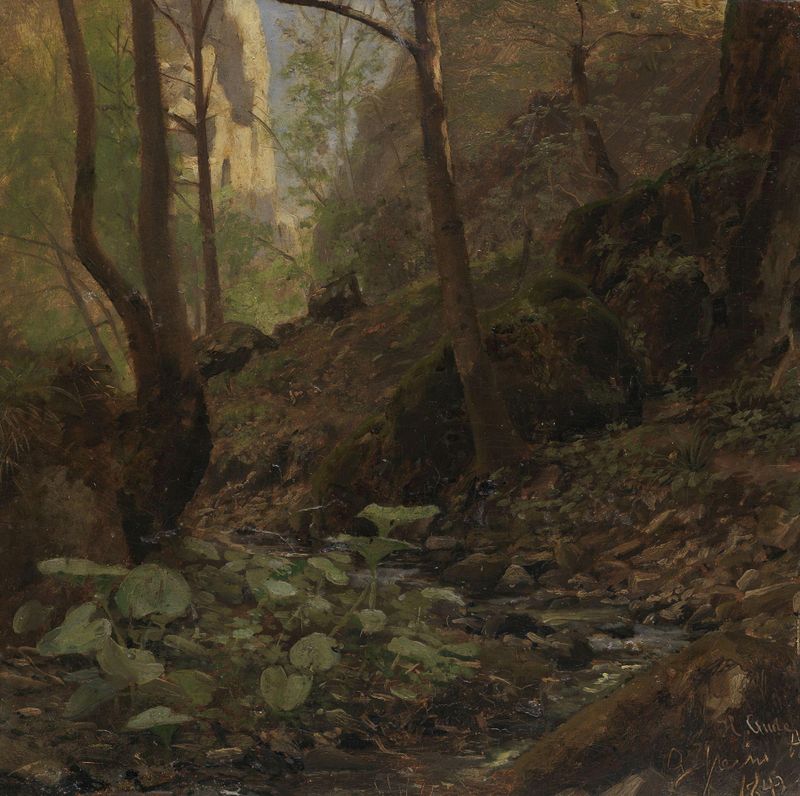 Forest Study de Hans Gude, representando la luz del sol filtrándose a través de los árboles, pintura al óleo