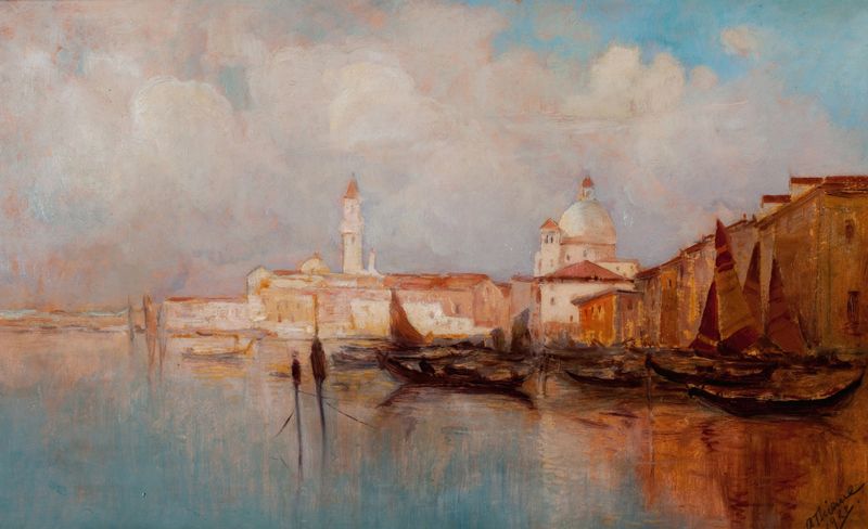 A View of Venice de Anthony Thieme, óleo sobre lienzo que representa agua serena y reflejos.
