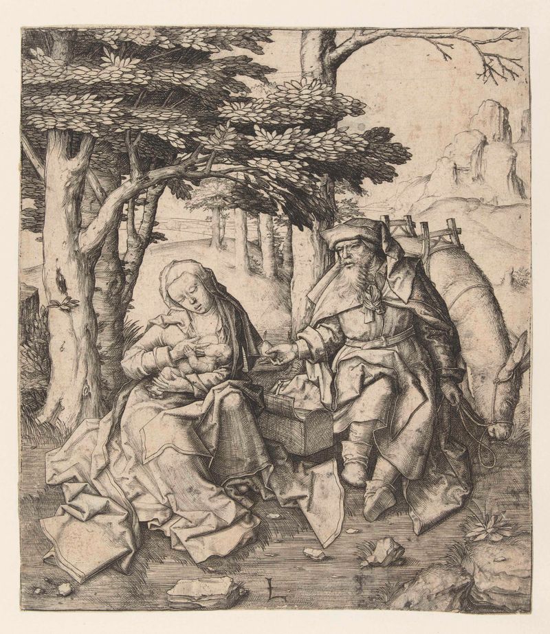 Rest on the Flight into Egypt gravura de Lucas van Leyden retratando Maria e José em uma paisagem serena.