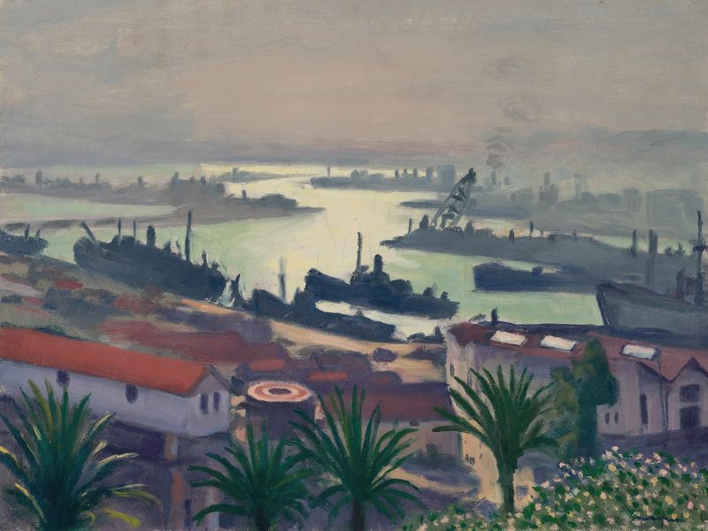 Pintura a óleo de Albert Marquet mostrando uma cena marinha escura com barcos no porto
