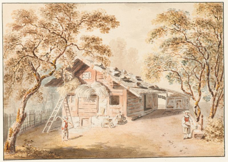 Kleinbauernhaus im Berner Oberland de Franz Niklaus König, óleo sobre lienzo que representa una granja y los Alpes.