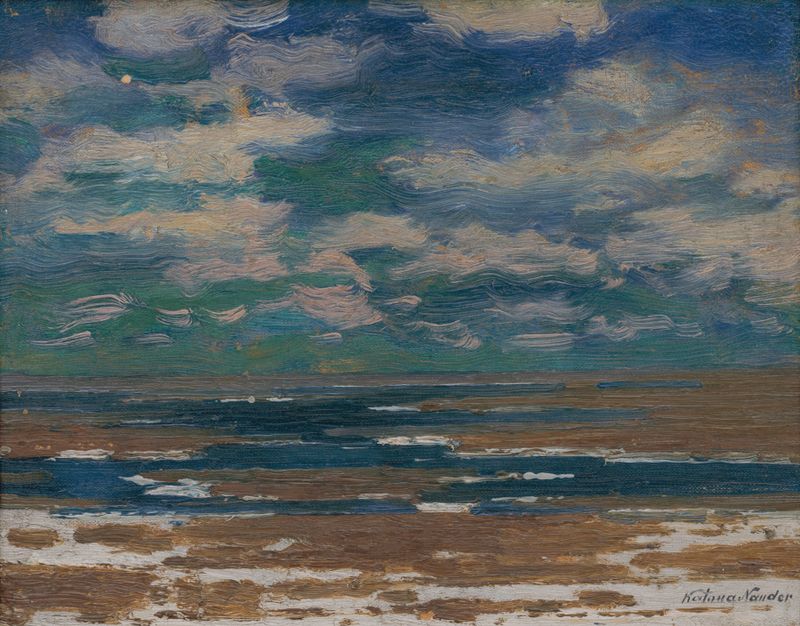 Paisagem com Nuvens de Primavera, óleo sobre tela de Ferdinand Katona, apresentando nuvens em espiral e cores vibrantes da...