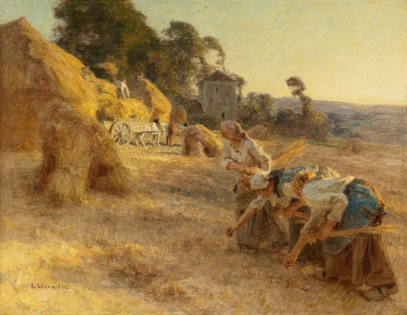 Genre scene depicting women harvesting in fields, oil painting by Léon Augustin Lhermitte