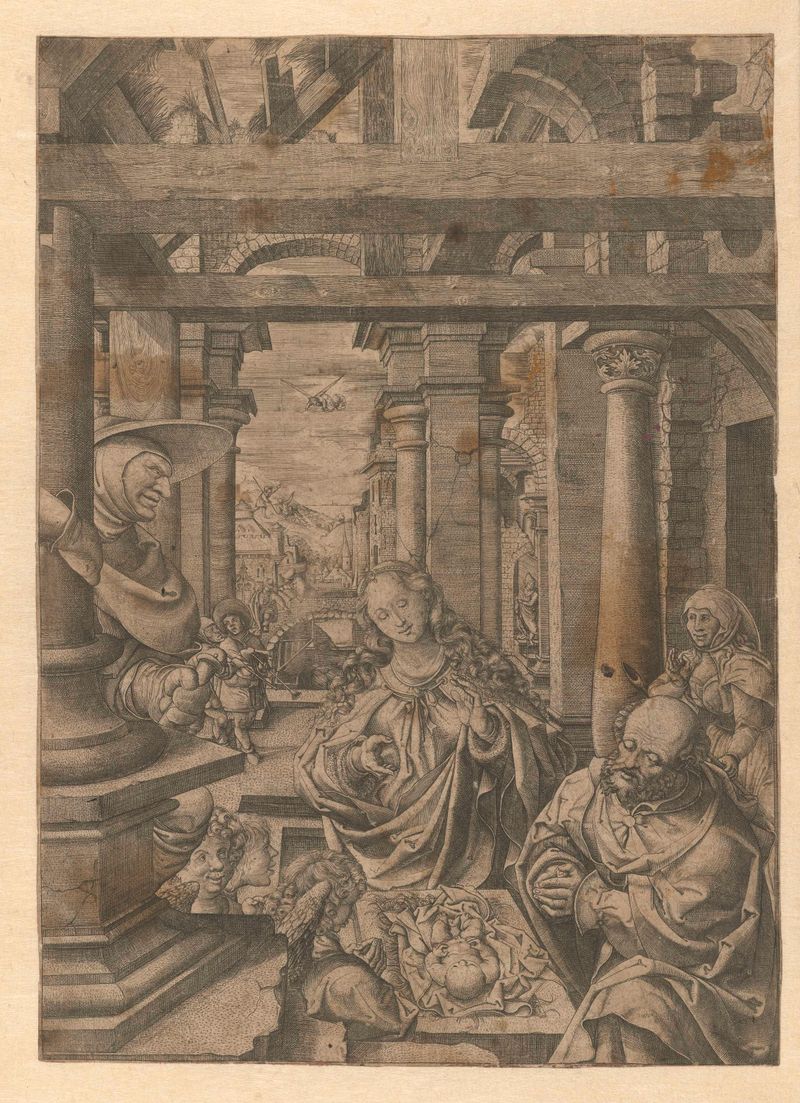 Engraving by Frans Crabbe van Espleghem depicting shepherds in adoration with radiant light
