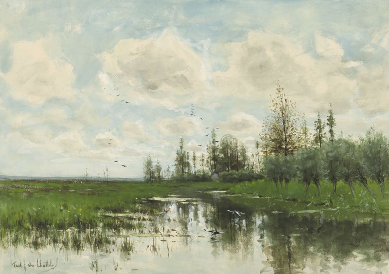 Paisagem com árvores e um lago tranquilo, pintura a óleo de Fredericus Jacobus van Rossum du Chattel